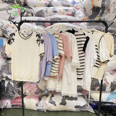 Polyester Cotton Used Summer Clothing Women Knitted Short Sleeved Shirt Formal Blouses